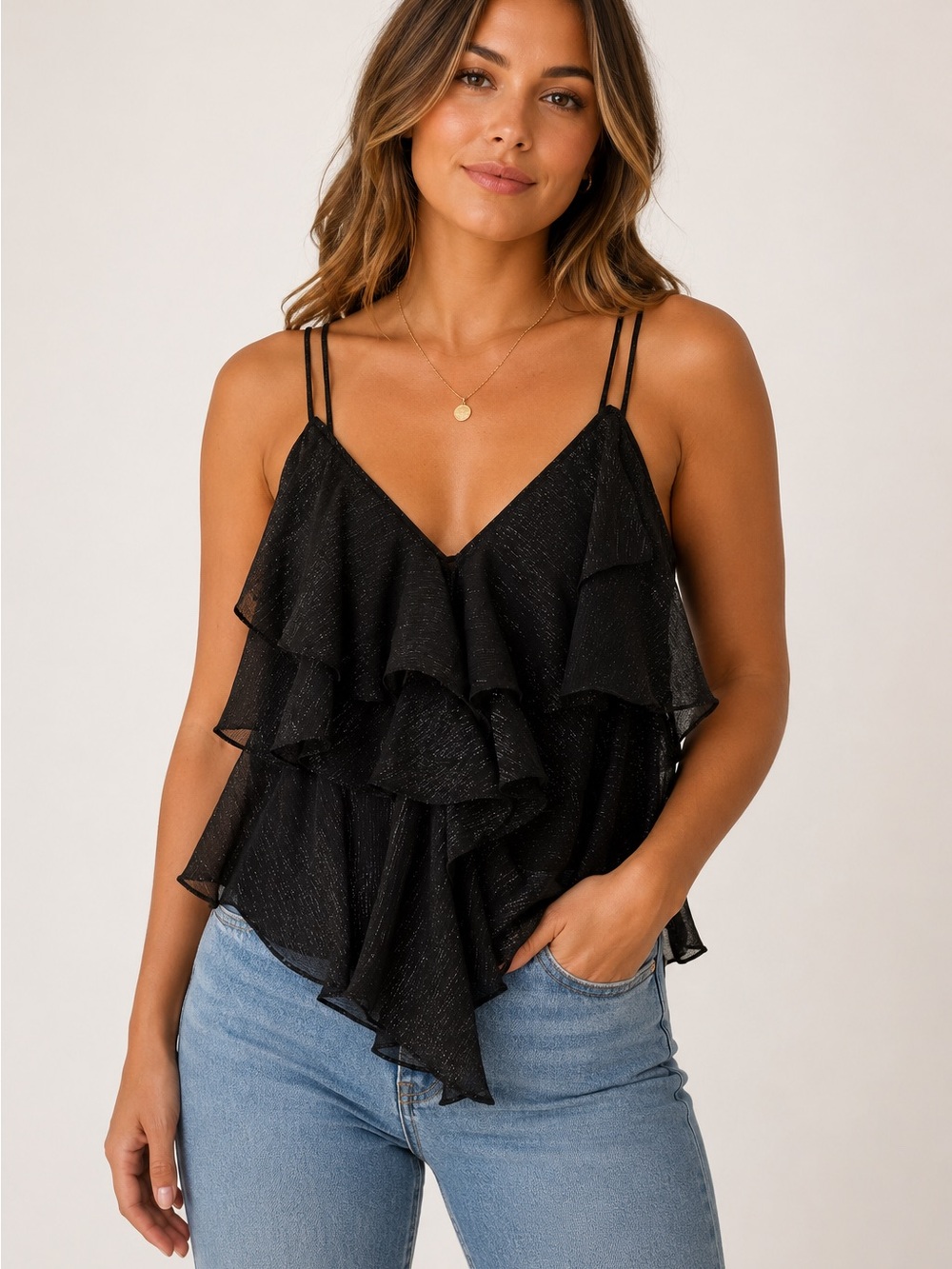 Rumored Lurex Ruffle Wrap Tank Black Metallic Sparkle Top Size Small NWT